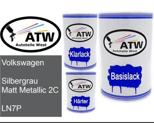 Volkswagen, Silbergrau Matt Metallic 2C, LN7P: 500ml Lackdose + 500ml Klarlack + 250ml Härter - Set, von ATW Autoteile West.